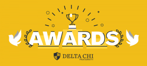Golden trophy with 'AWARDS' and Delta Chi Fraternity logo on yellow background.