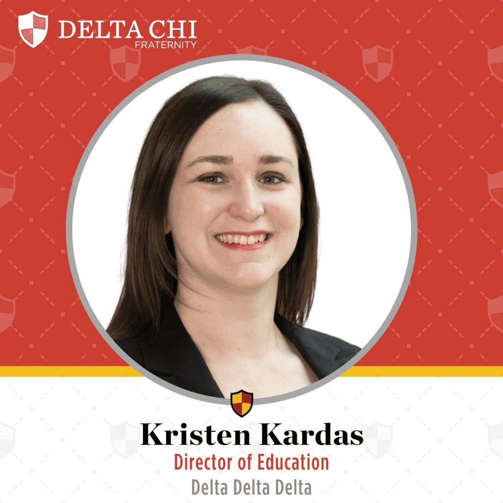Smiling headshot with Delta Chi logo