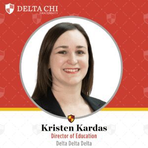 Smiling headshot with Delta Chi logo