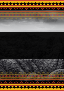 A dark, layered landscape with a decorative border.