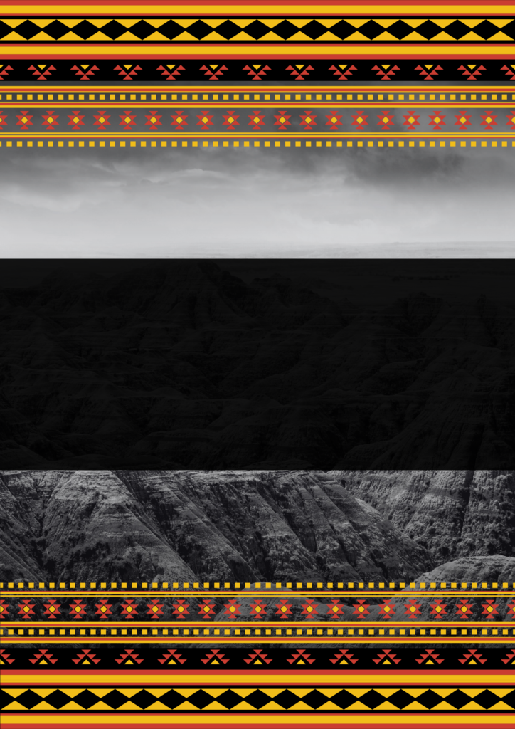 A dark, layered landscape with a decorative border.