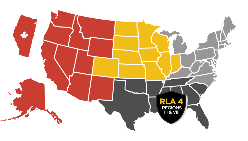 A color-coded map of the western and central United States showing RLA 4 regions 8 and 9.