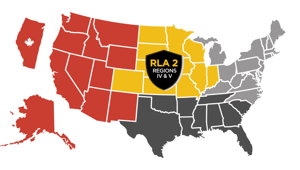 A USA map highlighting RLA 2 regions IV and V in yellow and black.