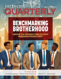 Illustration of four businessmen in suits, representing benchmarking and brotherhood.