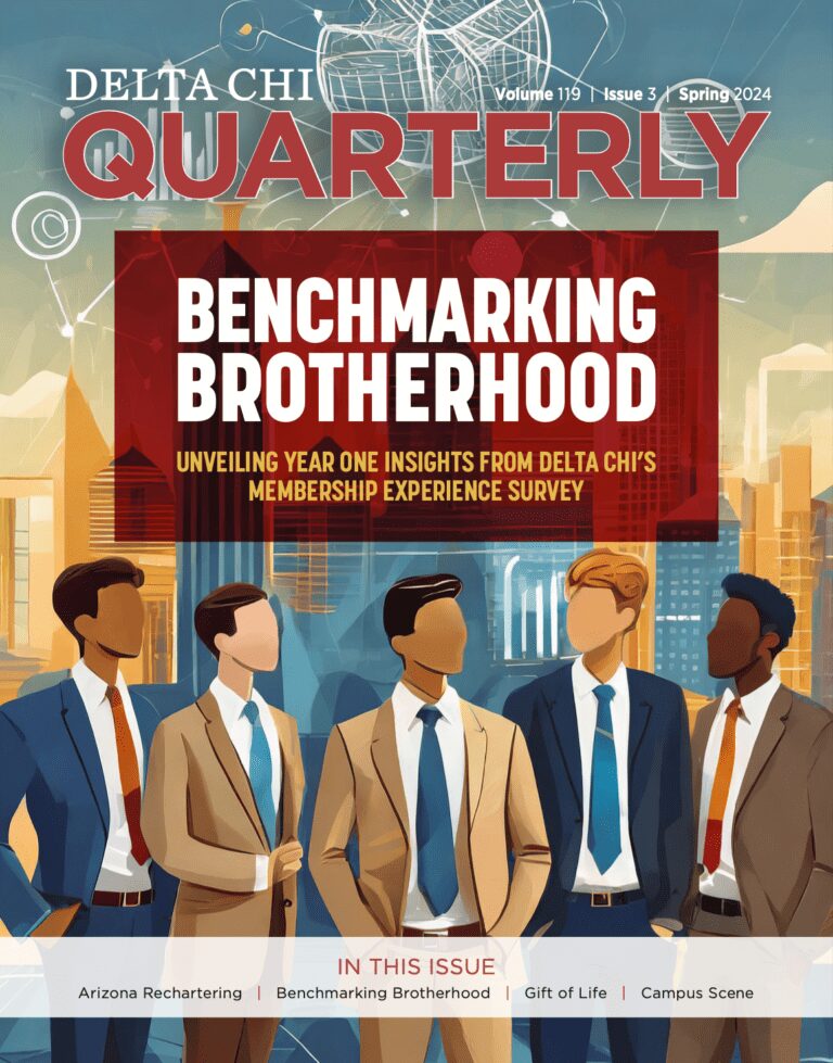 Illustration of four businessmen in suits, representing benchmarking and brotherhood.