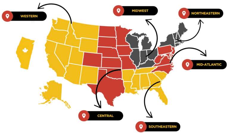 A U.S. map highlighting Midwest, Central, and South regions in different colors.