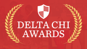 Logo of the Delta Chi Awards on a red background.