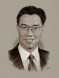 Sketch of a man in glasses, smiling.