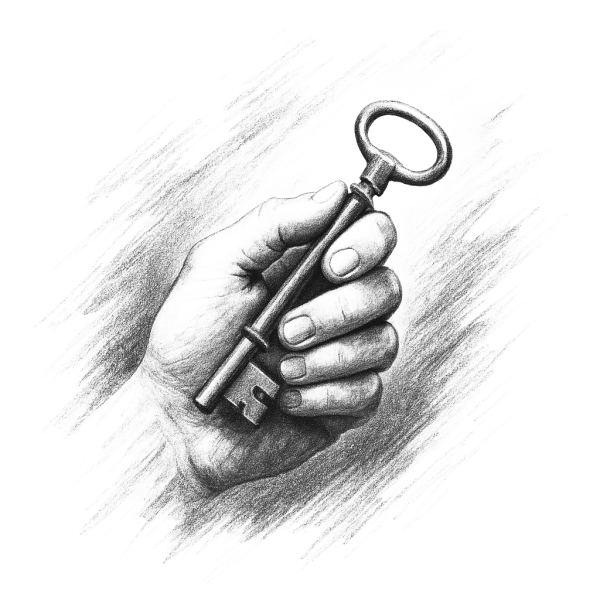 Hand holding an old-fashioned key drawing.