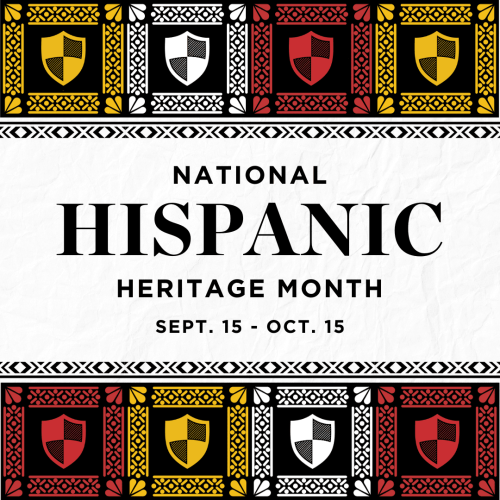 National Hispanic Heritage Month banner with colorful cultural symbols.