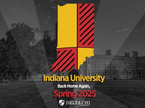 Promotional graphic for Indiana University Spring 2025 enrollment with Delta Chi fraternity.