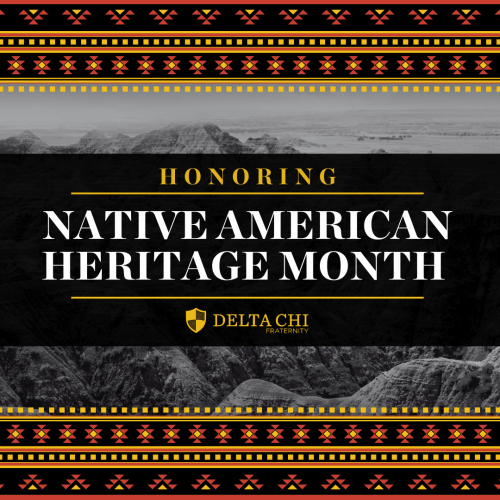 Graphic honoring Native American Heritage Month with decorative patterns and text.